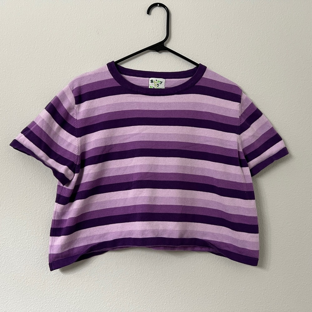 Shiny by Nature Womens 2XL Purple Striped Cotton Knit Crop Top Short Sleeve
